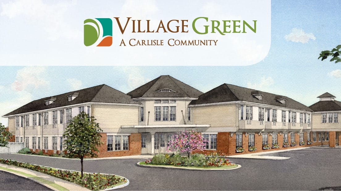 A color-penciled rendering of the Village Green building