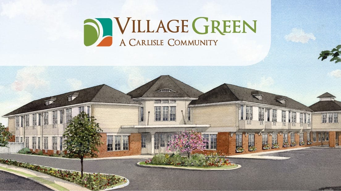 A stenciled picture of the outside of the Village Green facility