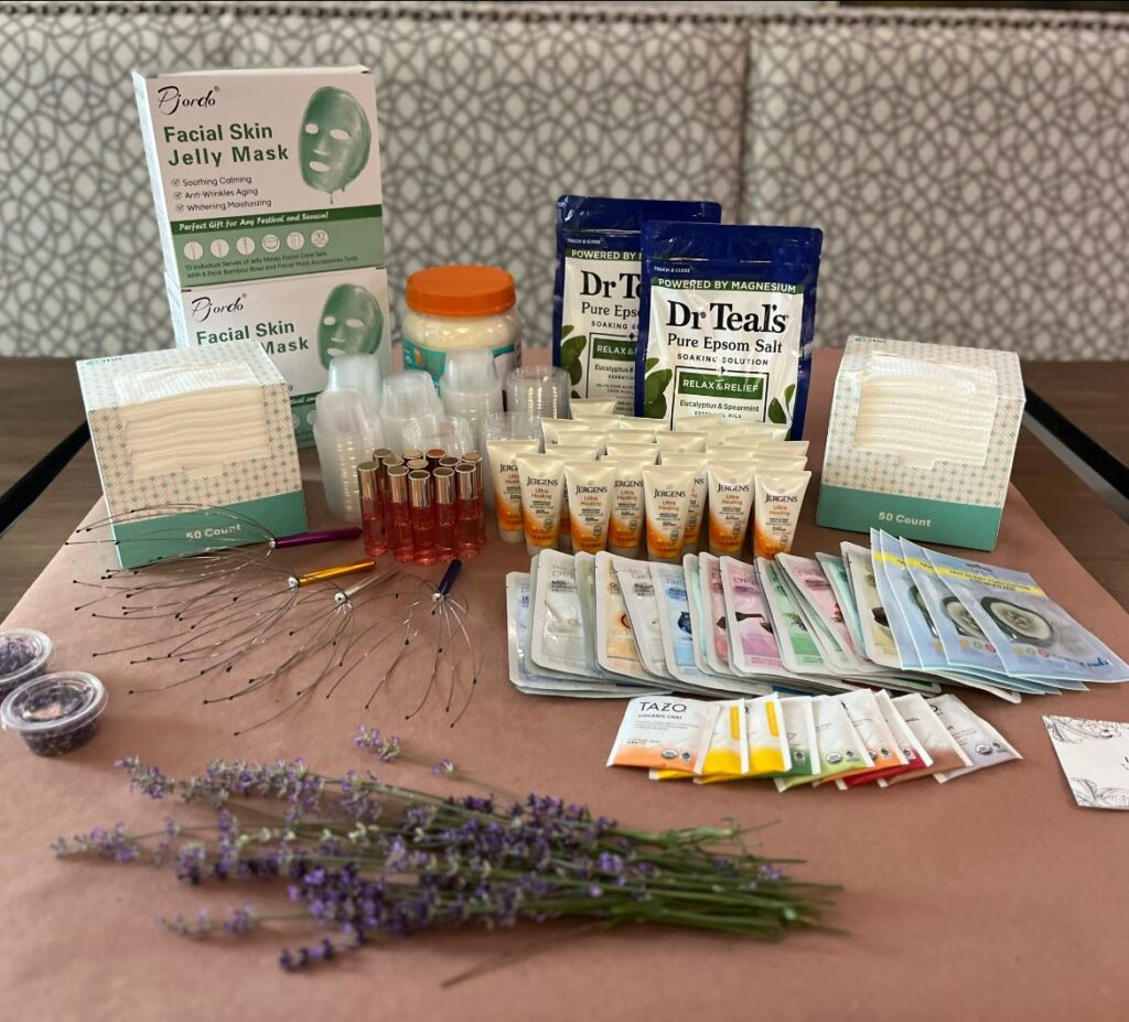 A picture of a day spa resources for a mental health day on a table